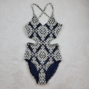 Tory Burch Blue White Tapestry Geometric Cut Out One Piece Swimsuit Size XS